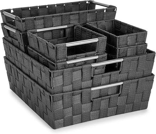Sorbus Set of 9 Woven Storage Baskets – Mesh Hand-Woven Baskets for Organizing, Fabric Storage Bins for Linen Closet Organizer, Storage Baskets for Shelves, Home Organization and Decor (Gray)