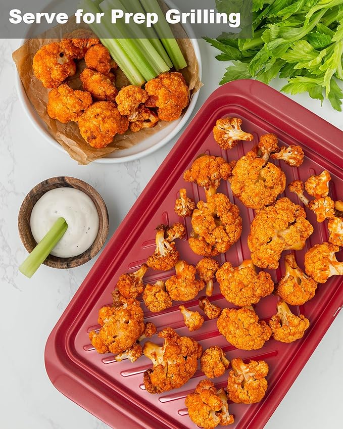 Grilling Prep and Serve Trays, BBQ Platter for Raw and Cooked Food, Melamine Serving Trays for Food, Set of 2, Black and Red, Napkin and Cleaning Clothes Included