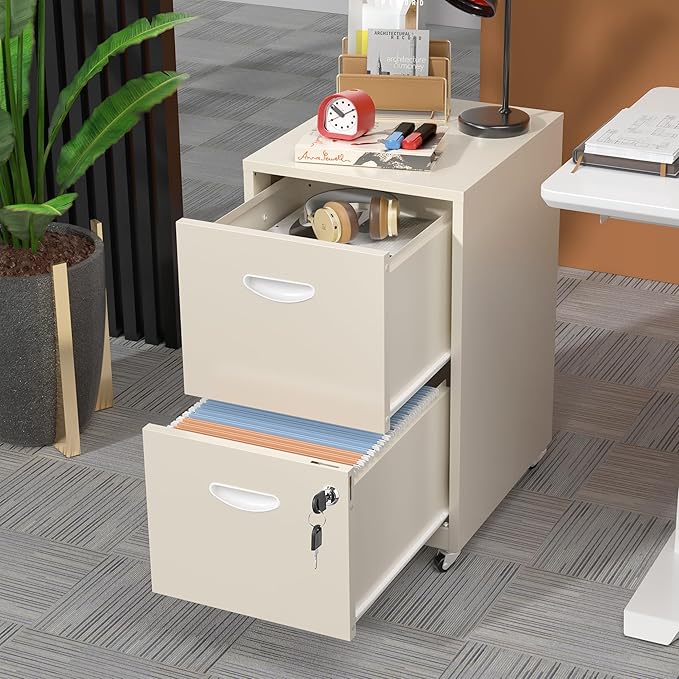 2 Drawer Mobile File Cabinet with Lock, Metal Filing Cabinets with Wheels,Rolling Storage Cabinet, Under Desk Vertical File Cabinet for Home Office, Lockable Steel Two Drawer for Letter Size, Cream