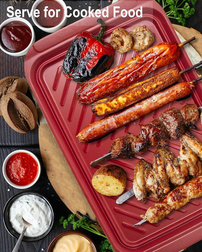KAQAHIDO Grilling Prep and Serve Trays, BBQ Platter for Raw Meat Marinating and Finished Cooked Food, Melamine Serving Tray, Set of 2, Cleaning Pack Included