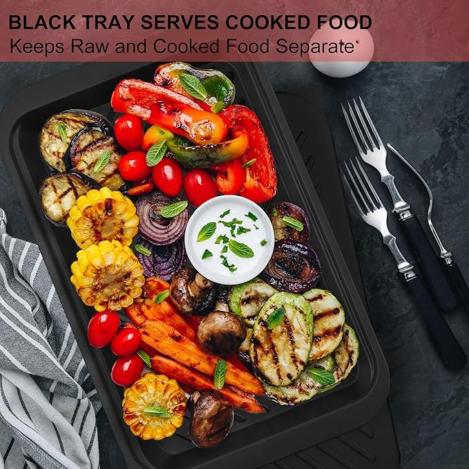 Deep Grill Carry System with Lids, Cutting Board, Tong, Gift Ready BBQ Carry Tray for Prepping, Marinating and Serving, Diswasher Safe, Nesting Platters Black in Red