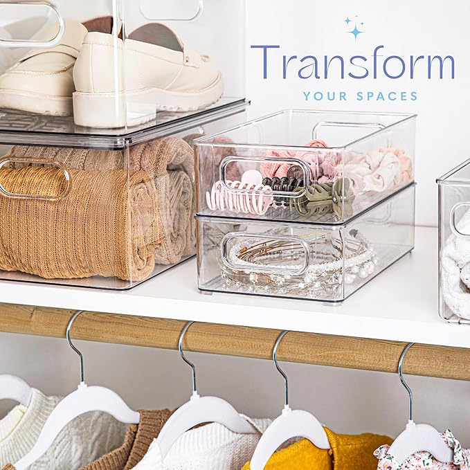 primebox 4 Pack Clear Plastic Organizing Container with Integraged Handles for Home Organization for Kitchen, Pantry, Fridge, Freezer, Cabinet,Bathroom, A&C Room, Stackable. 10"x6"x3"