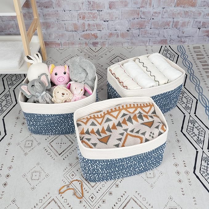 White and Blue Cotton Rope storage Basket Bins Woven Basket for Organizing Shelves 15X10X9.3“ Rectangle Decorative Baskets For storage Books Towels Wicker Nursery basket organizer Set of 3