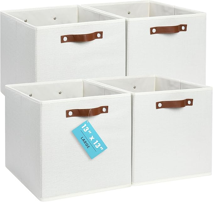 OrganiHaus 13" x 13" x 13" Cube Fabric Storage Bins Set of 4, Canvas Storage Cubes w/ Vegan Handles, 13 inch Collapsible Bins for Clothes & Toy Organizer, 13x13 Basket for Decor - White