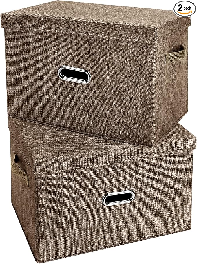 Large Linen Fabric Foldable Storage Bins with Removable Lid and Handles, Washable Storage Box Organizer Containers Baskets Cube with Cover for Bedroom,Closet,Office (Coffee, Medium(2-Pack))