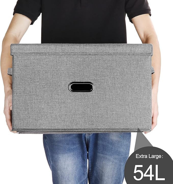 Large Linen Fabric Foldable Storage Bins with Removable Lid and Handles, Washable Storage Box Organizer Containers Baskets Cube with Cover for Bedroom,Office(Cream, Extra Large)