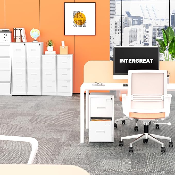 INTERGREAT 2 Drawers File Cabinet with Lock, 18" D Metal White Vertical Filing Cabinet for Hanging Folders, Easy Assemble