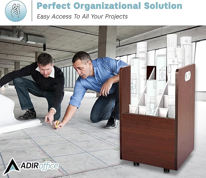 AdirOffice Adir Blue Print Storage Organizer - Mobile Roll File Cart, Construction Plan Holders, Blueprint Cabinet with Wheels, Roll Files Storage for Office and Home (20 Slots, Mahogany)