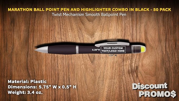 DISCOUNT PROMOS 50 Marathon Gel Highlighter Pens Pack - Customizable Text, Logo - Twist Mechanism, Ballpoint - Black