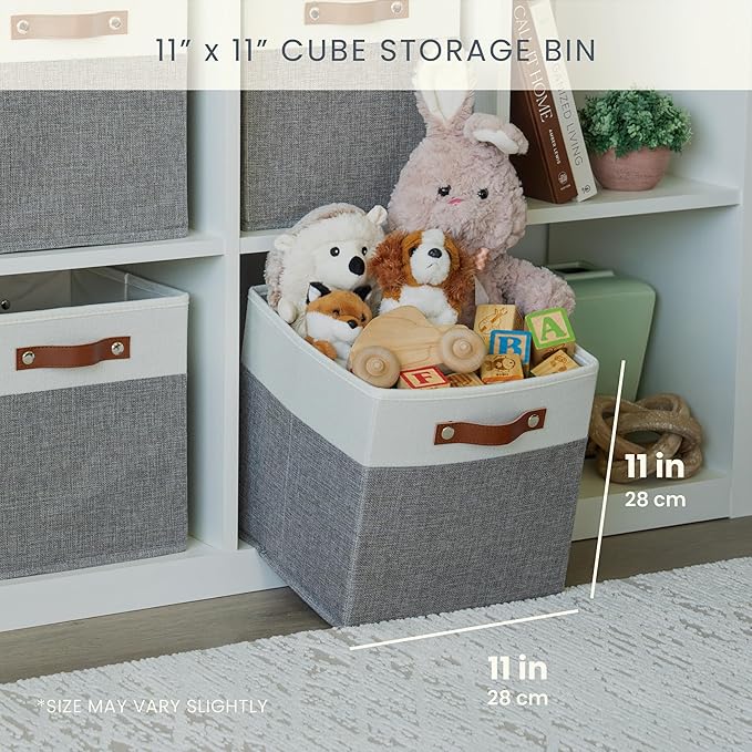 OrganiHaus 11" x 11" x 11" Fabric Cube Storage Bins Set of 4, Foldable Collapsible Canvas Storage Bins for Organizer, 11 inch Cubbies Organizer for Kallax, Linen Cube Shelf Baskets - Grey/White