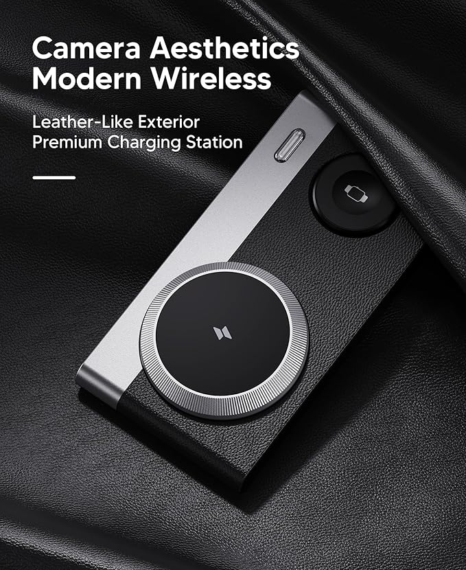 Foldable 3 in 1 Magnetic Wireless Charging Station for Apple Devices, Leather-Like Fast Wireless Charger Dock with Night Light for Magsafe iPhone 17/16/15/14/13/12 Series, Apple Watch, AirPod