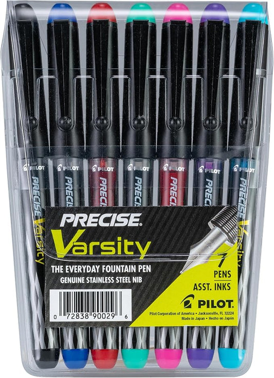 PILOT Pen 90029 Precise Varsity Pre-Filled Fountain Pens, Medium Point Stainless Steel Nib, Black/Blue/Red/Pink/Green/Purple/Turquoise, 7-Pack Pouch