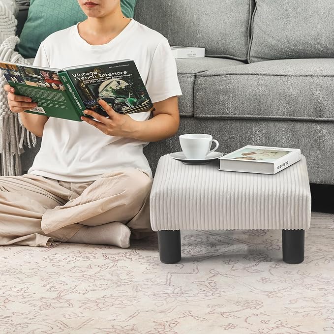 Joveco Small Foot Stool Ottoman, Corduroy Square Footstool Upholstered Footrest Foot Rest for Chair, Under Desk, Office, Living Room, Thick Stripes White