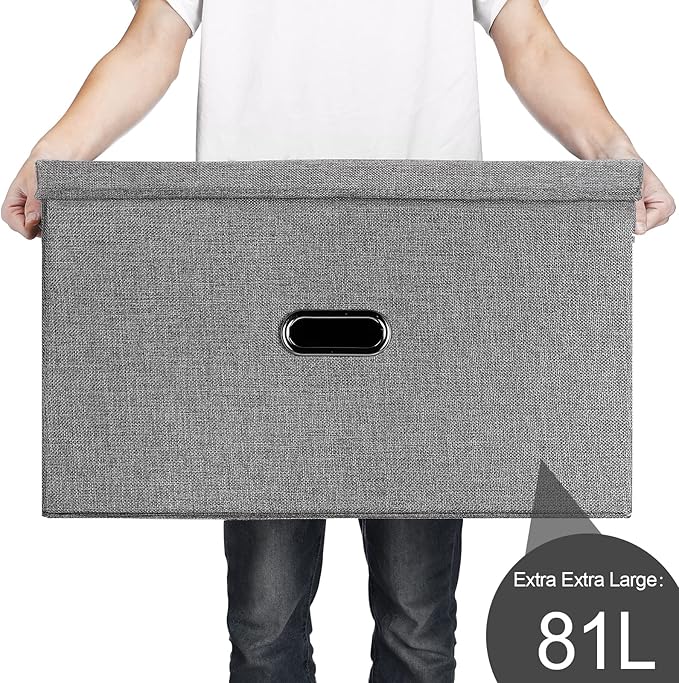 Large Linen Fabric Foldable Storage Bins with Removable Lid and Handles, Washable Storage Box Organizer Containers Baskets Cube with Cover for Bedroom,Closet,Office (Khaki, XXL(2-Pack))