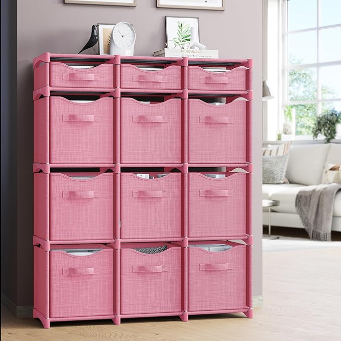 12 Cube Closet Organizers And Storage | Includes All Storage Cube Bins | Easy To Assemble Closet Storage Unit With Drawers | Room Organizer For Clothes, Baby Closet Bedroom, Playroom, Dorm (Pink)
