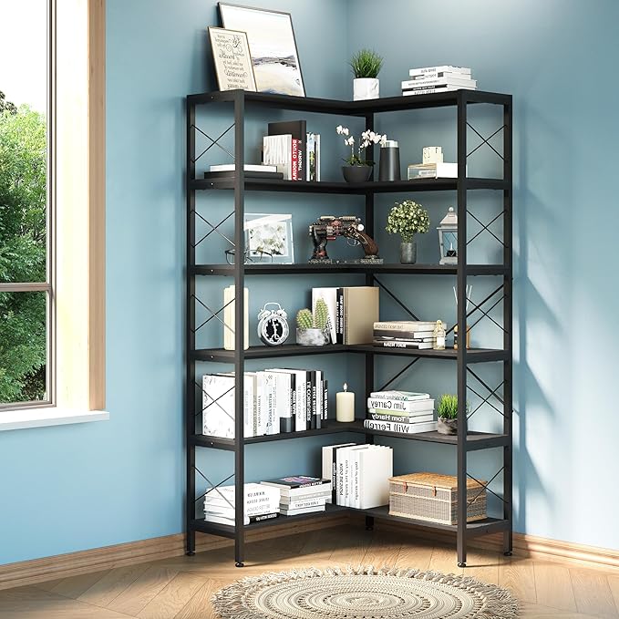 6-Shelf Corner Bookshelf, Vintage Industrial Corner Bookshelf Etagere Bookcase, Large Book Shelf with Metal Frame Open Storage CornerCabinet (Black, Small)