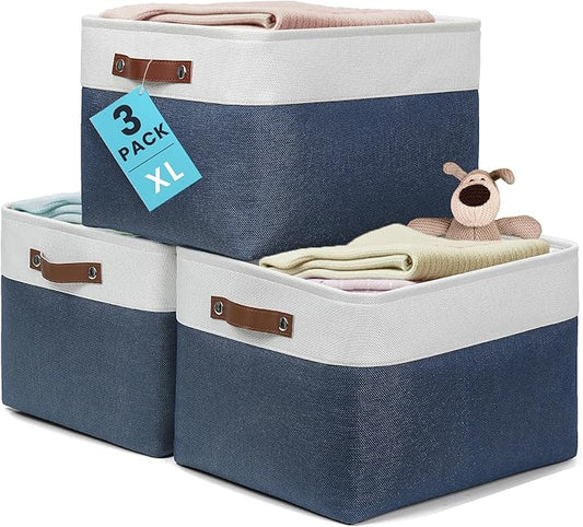 OrganiHaus Extra Large Fabric Storage Baskets for Shelves 3 Pack, 16x13in Closet Storage Bins for Shelves, Canvas Baskets for Organizing, Linen Closet Organizers, Cloth Basket, Navy Blue/Off-White