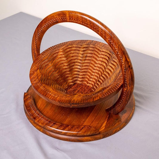 Handmade 12″ Collapsible Wooden Basket, Single Bowl Flower Design in Himalayan Rosewood, Fruit Basket, Bread Bowl & Trivet, Folds Flat for Easy Storage – Unique Centerpiece & Gift