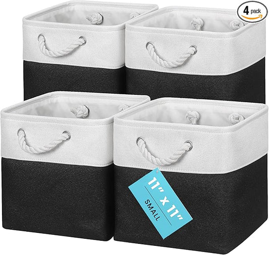 OrganiHaus 11x11 Cube Storage Bins 4 Pack, Foldable Cube Storage Organizer w/ Rope Handles, Collapsible Fabric Bins for Toys, Clothes & Closet Organization, Fabric Square Baskets - Black/White