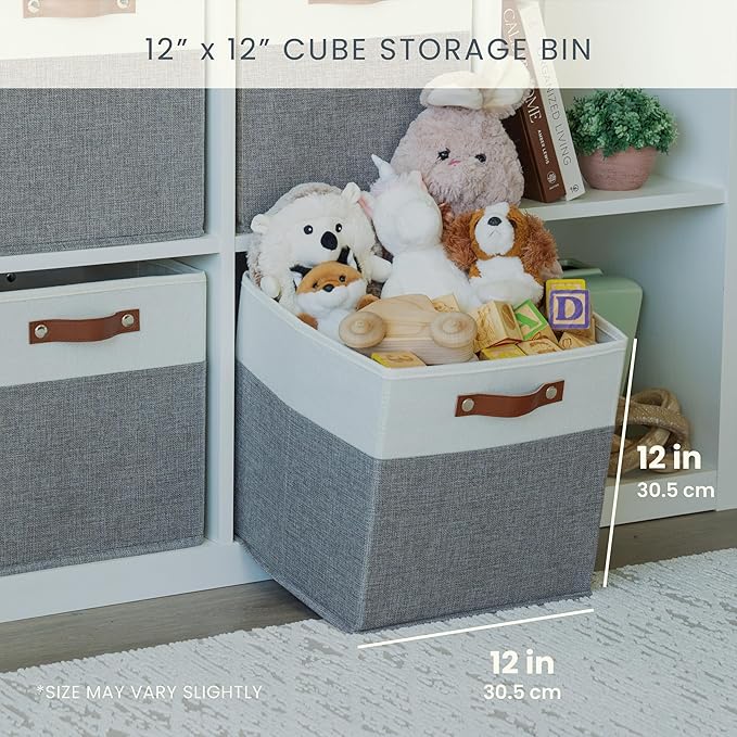 OrganiHaus 12" x 12" x 12" Fabric Cube Storage Bins - Set of 4, Cube Fabric Organizer Bins with Vegan Handles, Kallax Storage Cubes, 12Inch Cubic Baskets for Shelves - Grey / White