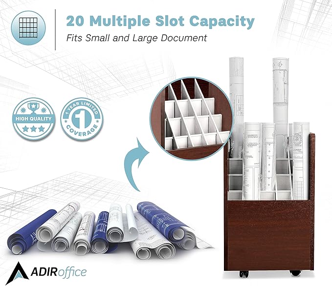 AdirOffice Adir Blue Print Storage Organizer - Mobile Roll File Cart, Construction Plan Holders, Blueprint Cabinet with Wheels, Roll Files Storage for Office and Home (20 Slots, Mahogany)