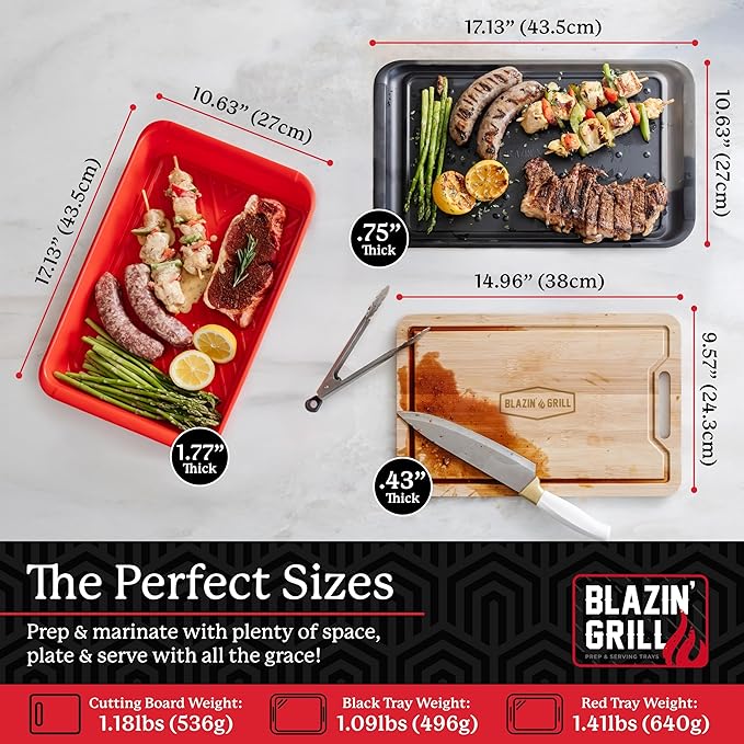 BLAZIN' GRILL Prep and Serving Trays | Set of 3 Stackable, Melamine Trays with Bamboo Cutting Board | Trays for Marinating, Serving & Chopping | Serving Platter for Plating Food & BBQ Prep Tub |