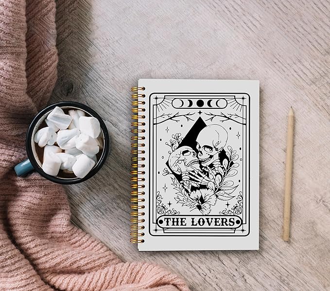 The Lovers Tarot Journal Notebook - Gothic Goth Skeleton Skull Notebook, Witchy Journal, Witchy Goth Gifts for Women, Moon Phase Journal, Gothic Office Supplies, Spiral Notebook 5.5x8.3