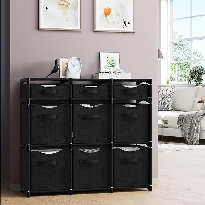 9 Cube Closet Organizers And Storage | Includes All Storage Cube Bins | Easy To Assemble Closet Storage Unit With Drawers | Room Organizer For Clothes, Baby Closet Bedroom, Playroom, Dorm (Black)