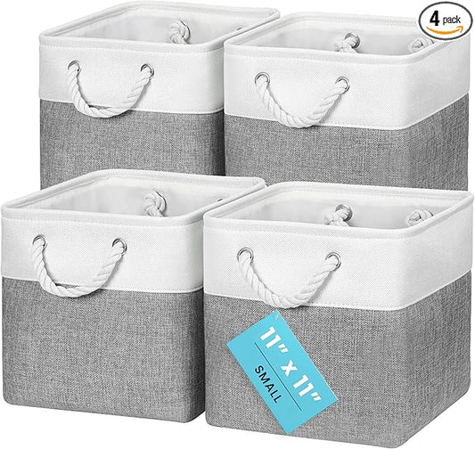 OrganiHaus 11x11 Cube Storage Bins 4 Pack, Foldable Cube Storage Organizer w/ Rope Handles, Collapsible Fabric Bins for Toys, Clothes & Closet Organization, Fabric Square Baskets - Gray/White