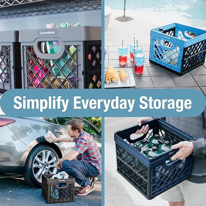 CleverMade Collapsible Milk Crate, Stone, 3PK - 25L (6 Gal) Stackable Storage Bins, Holds 50lbs Per Bin - Clevercrates are Heavy Duty, Plastic Collapsible Storage Crate for Multi Purposes