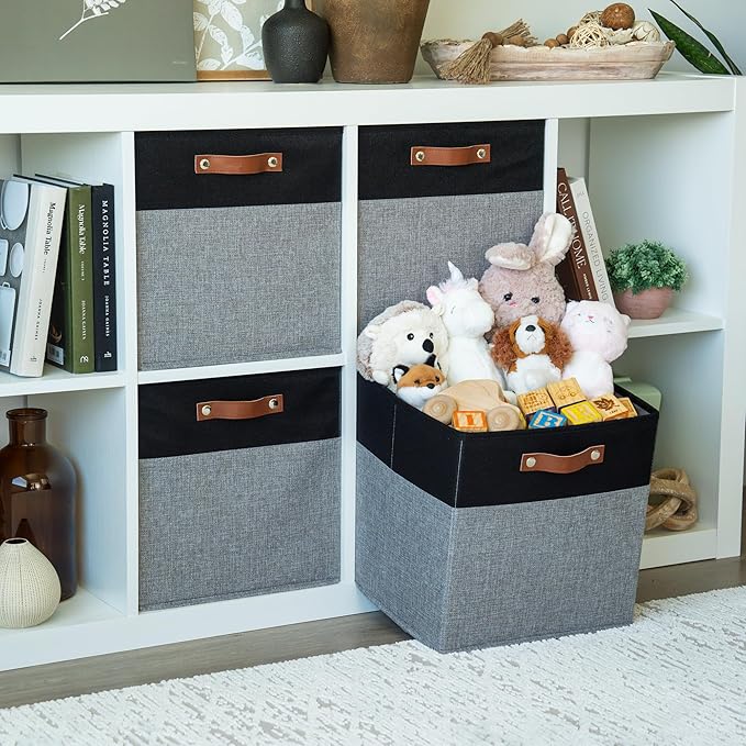 OrganiHaus 13" x 13" x 13" Cube Fabric Storage Bins Set of 4, Fabric Storage Cubes w/ Vegan Handles, 13 inch Collapsible Bins for Clothes & Toy Organizer, 13x13 Basket for Kallax - Grey/Black