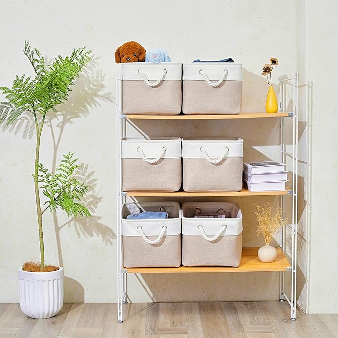 15x11x9.5 Inch Storage Baskets for Shelves,3 Pack Storage Bins，Foldable Organizer Boxes, Decorative Storage Basket for Organizing Clothes, Toys, Books, Foldable Cloth Baskets (White&Beige)