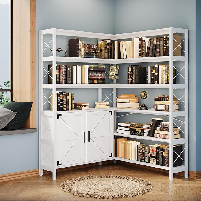 6-Shelf Corner Bookshelf, Vintage Industrial Corner Shelf Etagere Bookcase, Large Book Shelf with Metal Frame Open Storage Corner Cabinet (White-Lockers, Large)