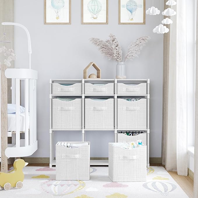 9 Cube Closet Organizers And Storage | Includes All Storage Cube Bins | Easy To Assemble Closet Storage Unit With Drawers | Room Organizer For Clothes, Baby Closet Bedroom, Playroom, Dorm (White Grey)