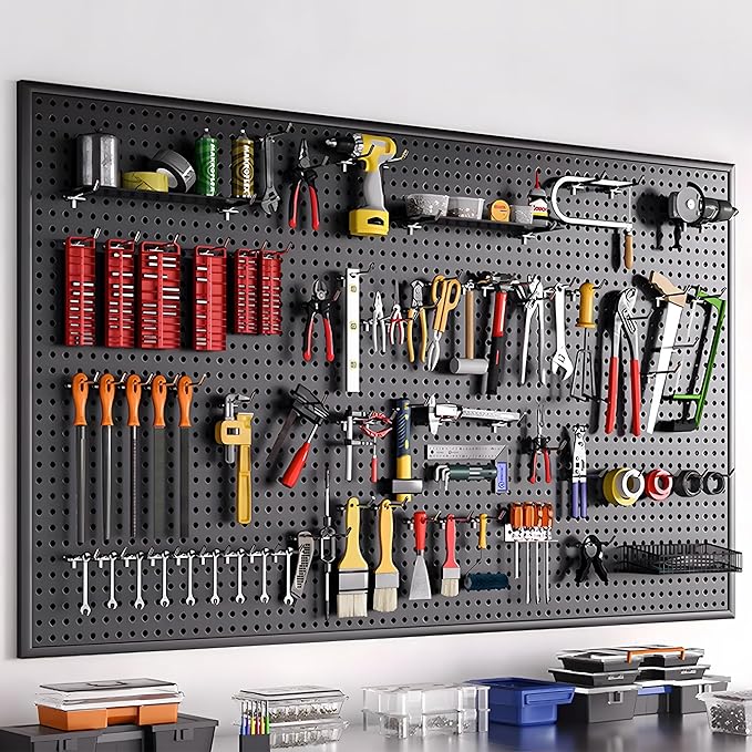 196 PCS Extra Thick 1/4" Pegboard Hooks Set, Heavy Duty Peg Board for Hanging Storage, Black Metal Pegboard Accessories with Pegboard Bins for Garage Wall Organizer