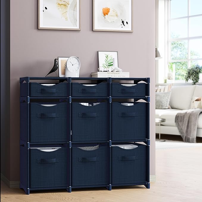 9 Cube Distressed Organizer with Drawers - Easy Assemble - Baby, Kids Dorm Room Organizer (Navy)