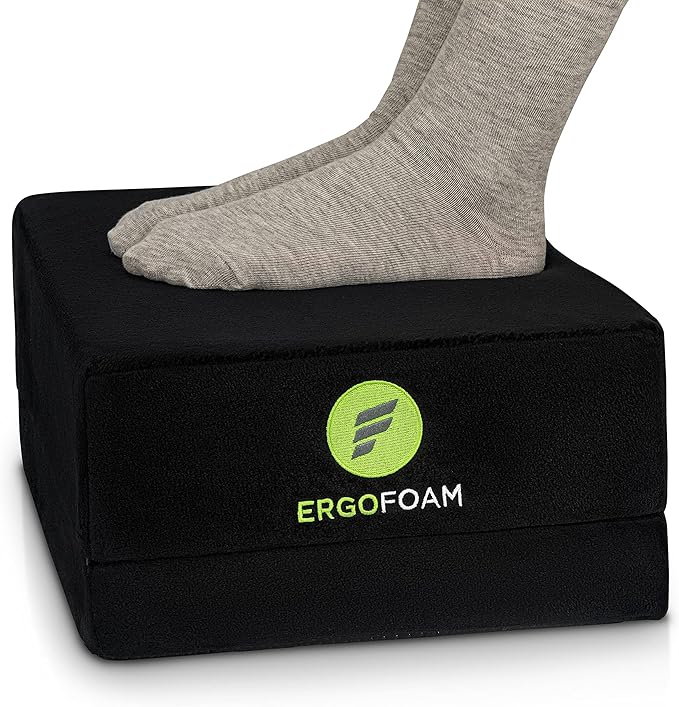 ErgoFoam Flat-Top Adjustable Foot Rest - High-Density Compression-Resistant Foam, Non-Slip, Black, Modern, Office