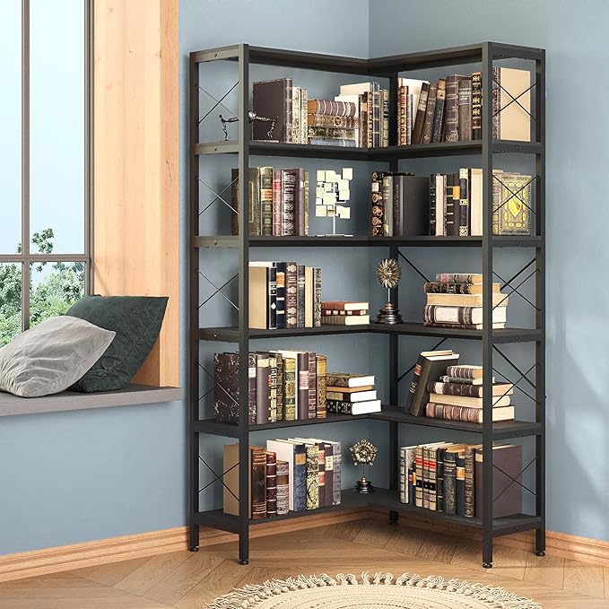 6-Shelf Corner Bookshelf, Vintage Industrial Corner Bookshelf Etagere Bookcase, Large Book Shelf with Metal Frame Open Storage CornerCabinet (Black, Small)