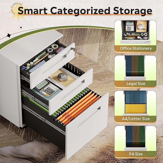 DEVAISE 3-Drawer Metal File Cabinet with Lock, Mobile Filing Cabinet Under Desk for Home Office, Fully Assembled Printer Stand fits A4/F4/Letter/Legal Size, White, 20" D x 15" W x 24" H
