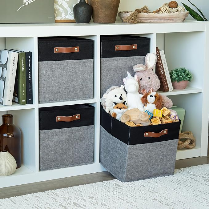 OrganiHaus 12" x 12" x 12" Fabric Storage Bins - Set of 4, Cube Canvas Organizer Bins with Vegan Handles, Kallax Storage Cubes, Cubbies Organizer Boxes, 12 Inch Cubic Baskets for Shelves - Grey/Black
