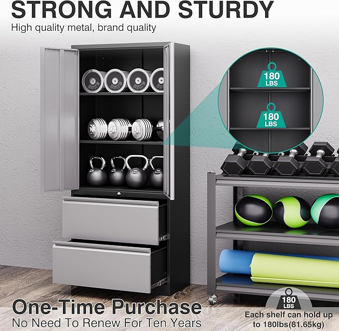 SISESOL Metal Storage Cabinet with Drawers, 71" File Cabinets for Home Office, Locking Steel Storage Cabinet with Doors and Shelves for Home, Office, Warehouse, Garage, School (Gray, 2 Drawers)