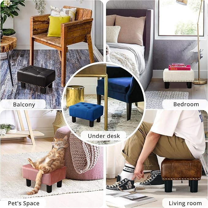 LUE BONA Small Tufted Foot Stool, Beige Linen Rivet Tufted Footrest with Plastic Legs, 9''H, Rectangle Foot Stools for Adult with Non-Slip Pads, Sofa Footstool for Living Room, Couch