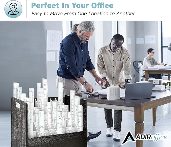 Adir Blue Print Storage Organizer - Mobile Roll File Cart, Construction Plan Holders, Blueprint Cabinet with Wheels, Roll Files Storage for Office and Home (50 Slots, Black)
