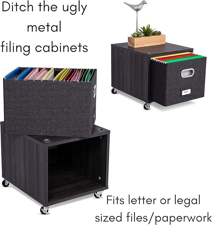 BIRDROCK HOME Rolling File Cabinet – Decorative Storage Shelf w/Removable Bins, Handles, and Wheels – Organize Files, Books, Toys, Under Desk Office Solution, Modern Design - 2 Lateral Drawers, Gray
