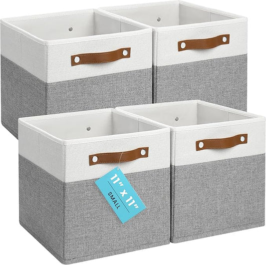 OrganiHaus 11" x 11" x 11" Fabric Cube Storage Bins Set of 4, Foldable Collapsible Canvas Storage Bins for Organizer, 11 inch Cubbies Organizer for Kallax, Linen Cube Shelf Baskets - Grey/White