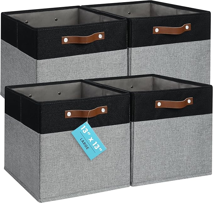 OrganiHaus 13" x 13" x 13" Cube Fabric Storage Bins Set of 4, Fabric Storage Cubes w/ Vegan Handles, 13 inch Collapsible Bins for Clothes & Toy Organizer, 13x13 Basket for Kallax - Grey/Black