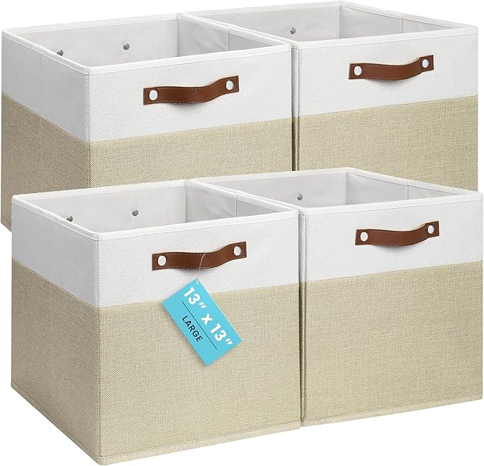 OrganiHaus 13" x 13" x 13" Cube Fabric Storage Bins Set of 4, Fabric Storage Cubes w/ Vegan Handles, 13 inch Collapsible Bins for Clothes & Toy Organizer, 13x13 Basket for Decor - Beige/White