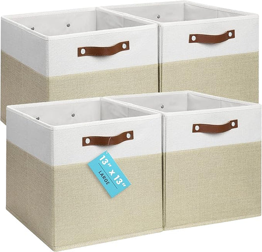 OrganiHaus 13" x 13" x 13" Cube Fabric Storage Bins Set of 4, Fabric Storage Cubes w/ Vegan Handles, 13 inch Collapsible Bins for Clothes & Toy Organizer, 13x13 Basket for Decor - Beige/White