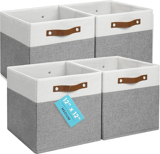 OrganiHaus 12" x 12" x 12" Fabric Cube Storage Bins - Set of 4, Cube Fabric Organizer Bins with Vegan Handles, Kallax Storage Cubes, 12Inch Cubic Baskets for Shelves - Grey / White