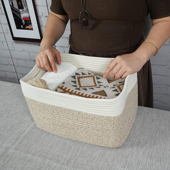 Cotton Rope storage Basket Bins Woven Basket for Organizing Shelves 15X10X9.3" Rectangle Decorative Baskets For storage Clothes Toys Books Towels Nursery basket organizer 3 pack white and brown
